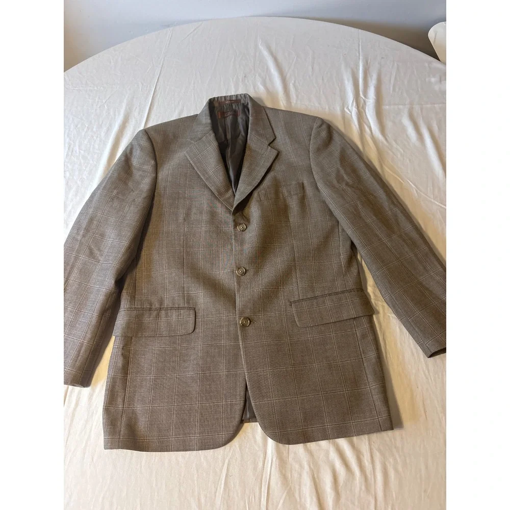 Tasso Elba Blazer Mens 38L Brown Windowpane Plaid 3-Button Sport Coat
